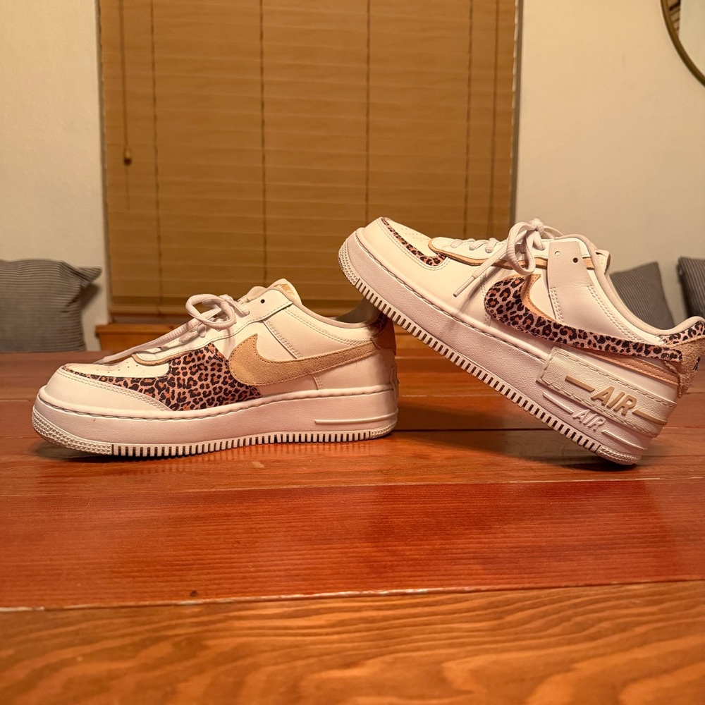Nike Low-Top Sneakers — Cream with Leopard Print and Tan Swoosh